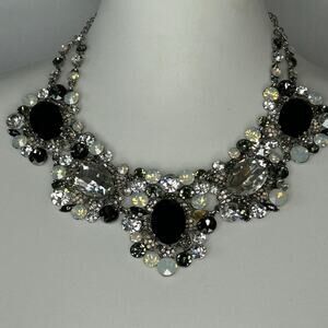 Natasha Crystal Rhinestone Statement Bib Necklace Black Silver 18” Glam